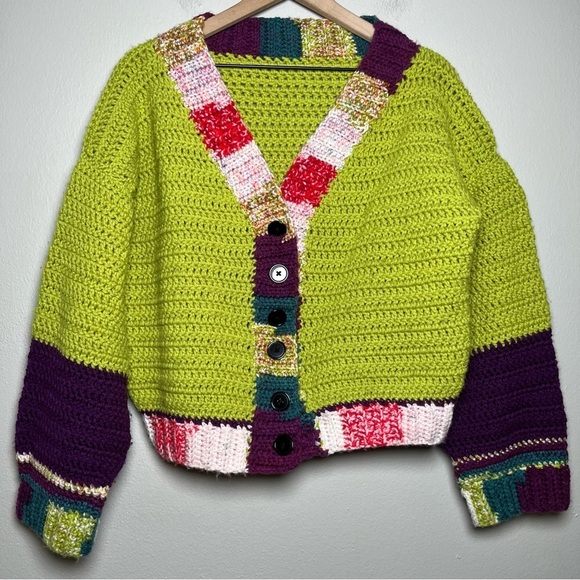 Cardigan Sweater Women Large Granny Crochet Boho Chunky Colorful Cropped Coastal - Picture 1 of 8